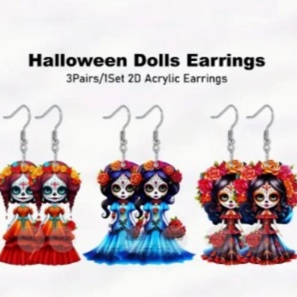 3-Pair Acrylic Doll Earrings Set - Unique 2D Effect - Picture 1 of 6